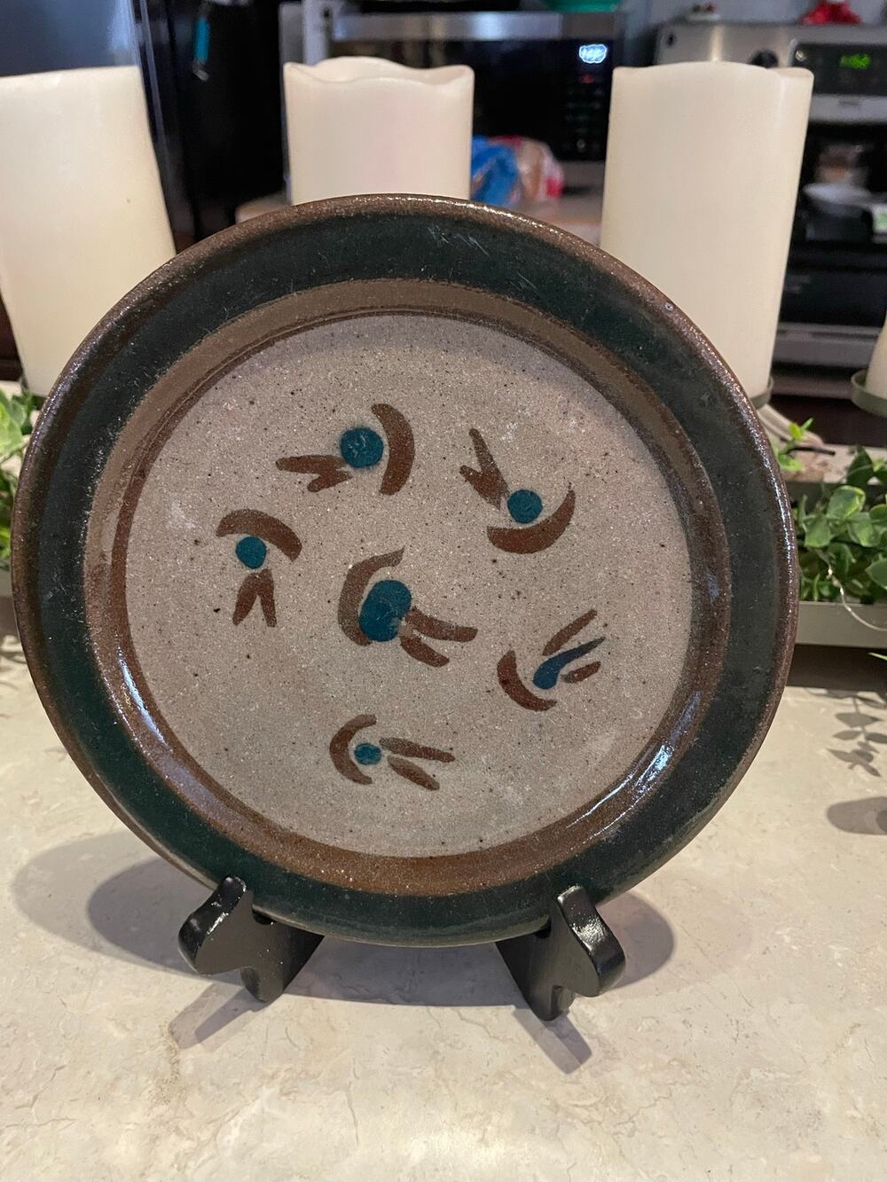 Vintage Rustic Handcrafted Tonali Style Stoneware Abstract Art Pottery Plate 7.5